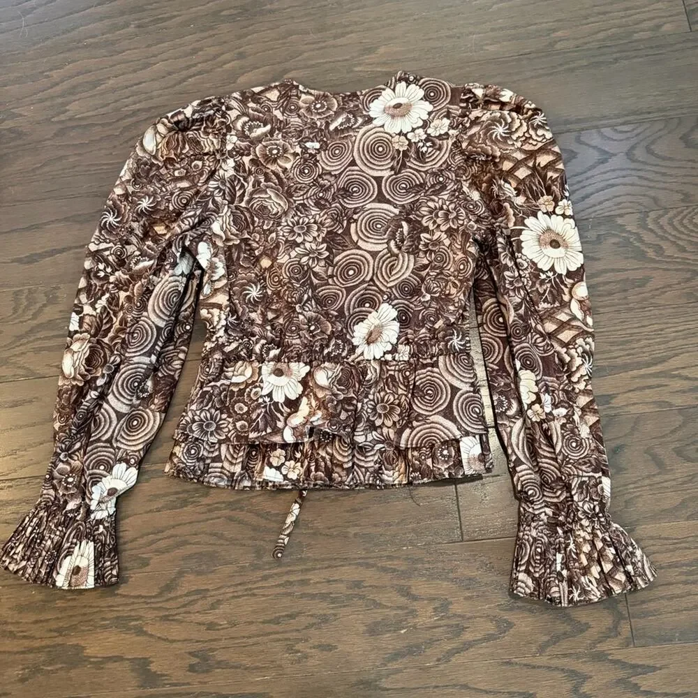 Ulla Johnson Brown Floral Cotton Peplum Blouse Puff Sleeve Boho Romantic Size 4